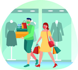Masked couple are shopping together at some mall during new normal illustration