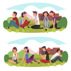Obraz na płótnie Canvas Students Sitting on Lawn in front of College Building Set, Boys and Girls Talking to Each Other Vector Illustration