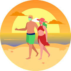 Masked couple walking at beach enjoying the sunset together