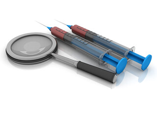 3D illustration Syringe with needle near lens