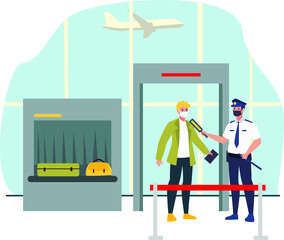 Masked security officer checking passenger body temperature at airport gate during new normal illustration