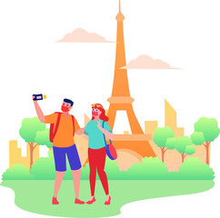 Masked couple tourist are taking photo in front of Eiffel tower during new normal holiday