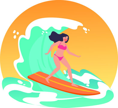 Masked Woman Surfing On The Sea During New Normal Holiday