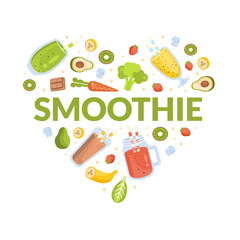 Smoothie Banner Template, Healthy Vitamin Drinks and Ingredients of Heart Shape, Tasty Raw Natural Detox Cocktail Poster, Promotional Leaflet Cartoon Vector Illustration