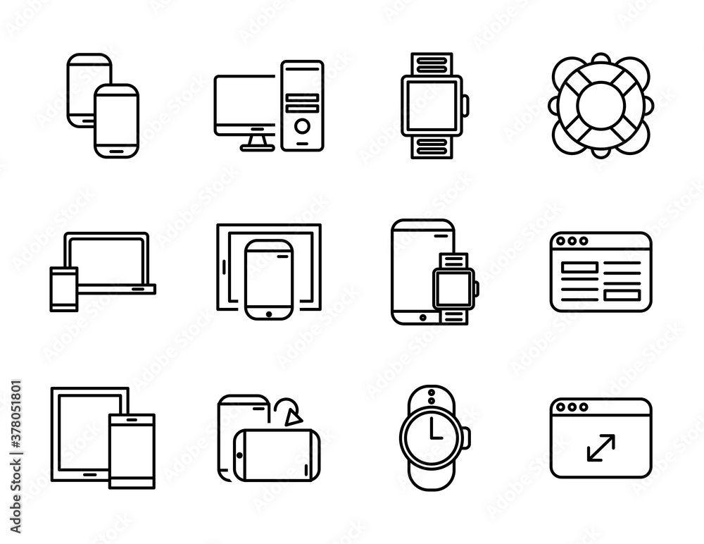 Poster bundle of mockup responsive set line style icons