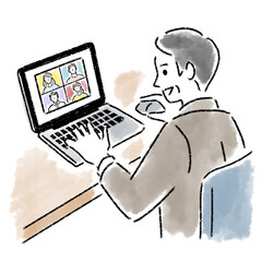 テレワーク　男性　スーツ　ミドルエイジ　水彩　手描き
