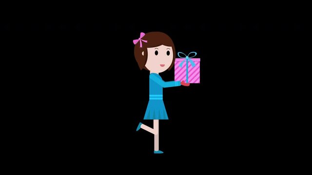 Cartoon animation girl excited for Christmas gifts in Alpha Channel, transparent background.