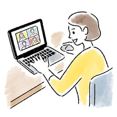 テレワーク　女性　若い　水彩　手描き
