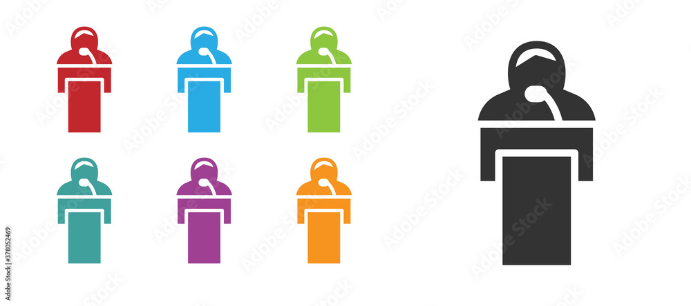 Poster black gives lecture icon isolated on white background. stand near podium. speak into microphone. the