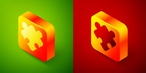 Isometric Puzzle pieces toy icon isolated on green and red background. Square button. Vector.