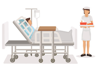 Food delivered to a patient in hospital bed by a nurse.