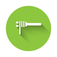 White Pasta spaghetti on the fork icon isolated with long shadow. Italian restaurant. Green circle button. Vector.