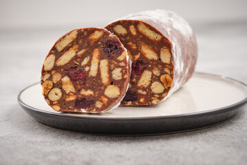 Chocolate salami or chocolate chorizo is a traditional Portuguese dessert made from dark chocolate, broken cookies, butter, eggs and a bit of port wine or rum. It is popular throughout Europe