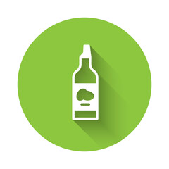 White Bottle of olive oil icon isolated with long shadow. Jug with olive oil icon. Green circle button. Vector.