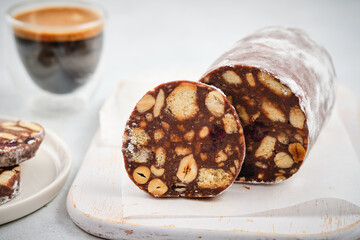Chocolate salami or chocolate chorizo is a traditional Portuguese dessert made from dark chocolate, broken cookies, butter, eggs and a bit of port wine or rum. It is popular throughout Europe