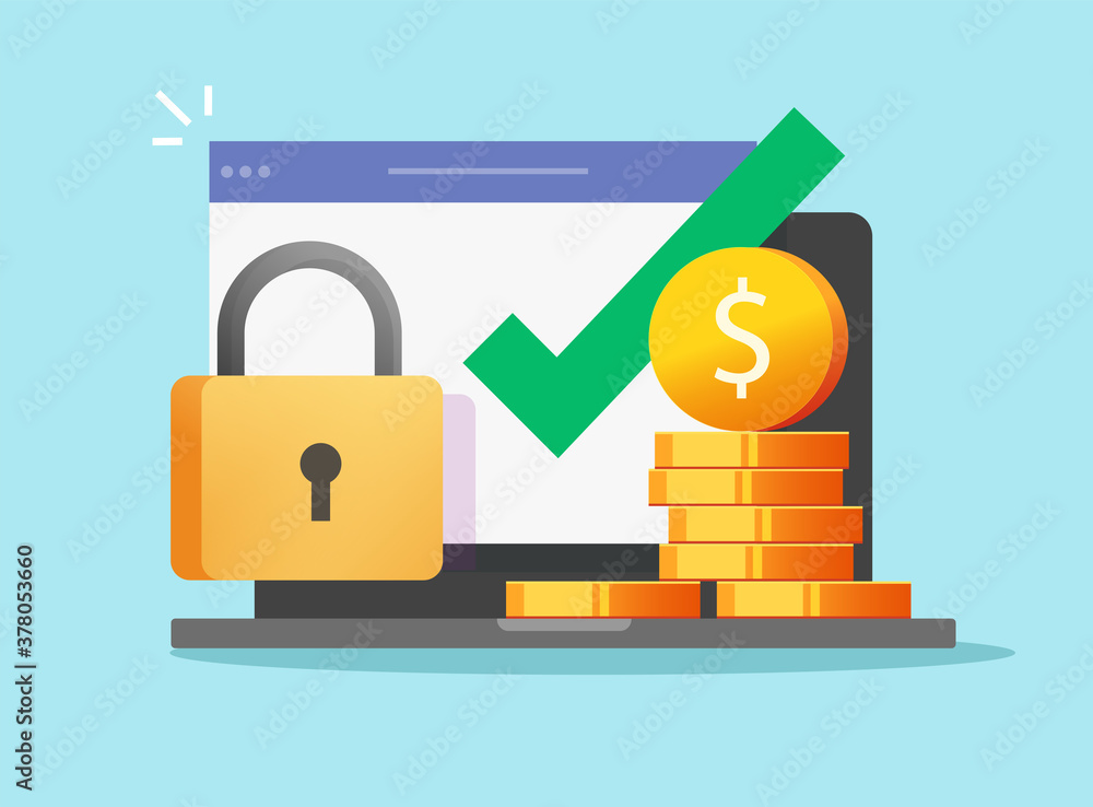 Poster money wallet secure online access protected with lock check mark on laptop computer vector icon, dig