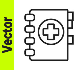 Obraz premium Black line Medical clipboard with clinical record icon isolated on white background. Prescription, medical check marks report. Vector Illustration.