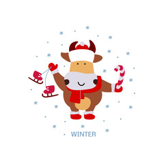 Vector illustration on the theme of the New Year. A picture of a bull in a Santa costume with skates and candy. and the inscription winter. For a postcard, for a congratulation, a poster, a sticker.