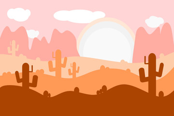 Vector design of sunset landscape in plain color. Outdoor sunset landscape in desert with cactus and mountains.