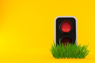 Red traffic light on grass