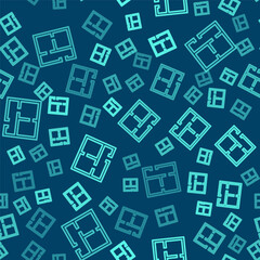 Green line House plan icon isolated seamless pattern on blue background. Vector Illustration.