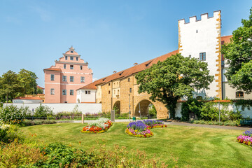 View at the garden with Water Tower over Vils river in Amberg, Germany