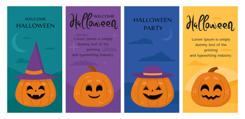 Vector set of Halloween party invitations or greeting cards with traditional symbols. Pumpkins and space for text.