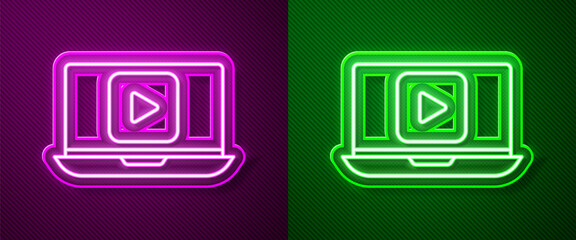 Glowing neon line Online play video icon isolated on purple and green background. Laptop and film strip with play sign. Vector Illustration.