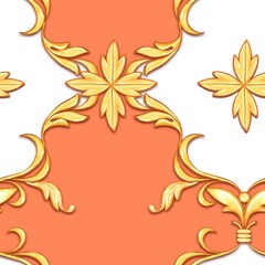 Seamless orange baroque pattern with gold scrolls. Luxur vintge background