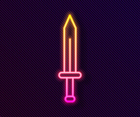 Glowing neon line Medieval sword icon isolated on black background. Medieval weapon. Vector.
