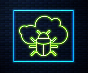 Glowing neon line System bug on a cloud icon isolated on brick wall background. Cloud computing design concept. Digital network connection. Vector.