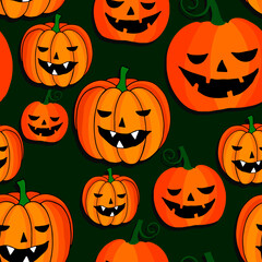 seamless pattern, vector illustration for Halloween, funny scary pumpkins, ornament for wallpaper and fabric, wrapping paper, background for scrapbooking