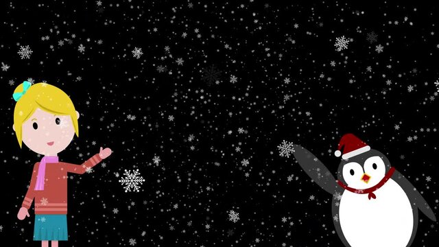 Cartoon animation cute girl and penguin wearing christmas hat waving Hand with snow falling in Alpha channel, transparent background.