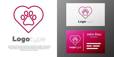 Logotype line Heart with animals footprint icon isolated on white background. Pet paw in heart. Love to the animals. Logo design template element. Vector.