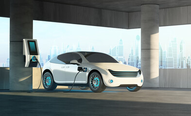 Fototapeta na wymiar A futuristic electric car is connected to a charging station in an overhead multi-storey parking lot against the backdrop of a cityscape. 3d render.