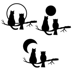 vector illustration, owl and cat on a branch, sun, moon, set of images in black, isolate on a white background