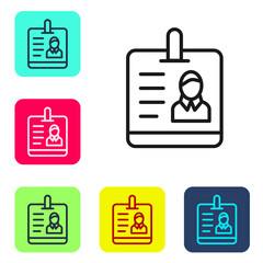 Black line Identification badge icon isolated on white background. It can be used for presentation, identity of the company, advertising. Set icons in color square buttons. Vector.