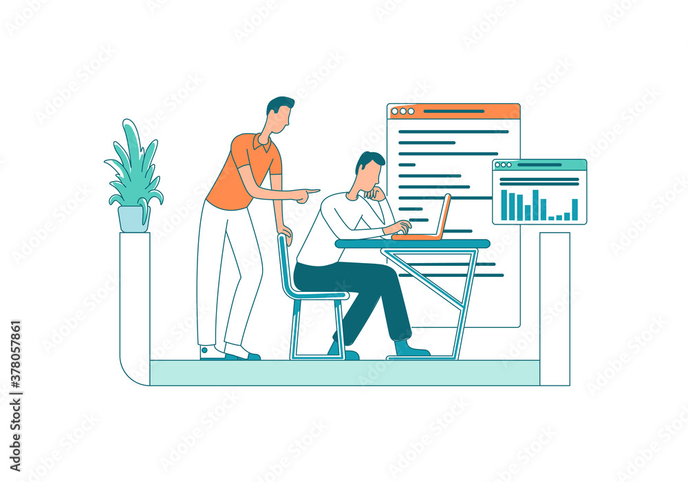 Poster manager with staff member flat color vector faceless characters. company management. help with proje