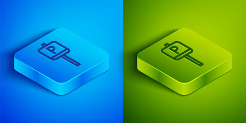 Isometric line Parking icon isolated on blue and green background. Street road sign. Square button. Vector.