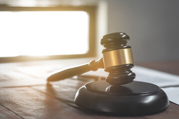 Wooden gavel, Justice hammer for judgement lawsuit.