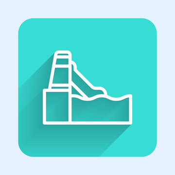 recommend clip art: White line Water slide with pool icon isolated with long shadow. Aquapark. Green square button. Vector.