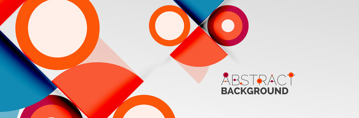 Bright color circles, abstract round shapes and triangles composition with shadow effects. Vector modern geometric design template