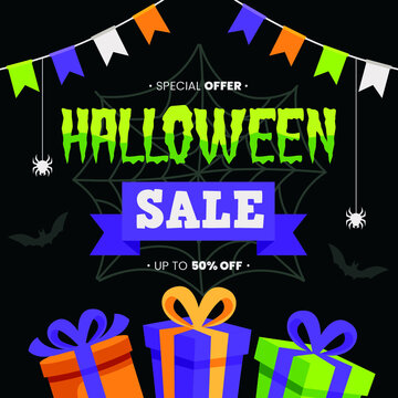 Happy Halloween promo sale flyer with Halloween elements. Witch's cauldron with potion. Bats, eyes, spiders, scary pumpkin, broom, candies. Vector illustration for poster, banner, special offer.