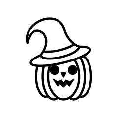 halloween pumpkin face with witch hat line style icon