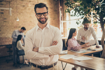Nice attractive cheerful handsome guy people ceo boss chief executive director financier folded...