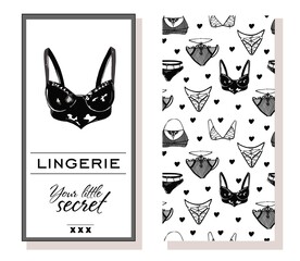 Elegant erotic underwear isolated on white background. Logotype and corporate identity for women's underwear. Pattern and business card - obrazy, fototapety, plakaty