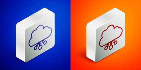 Isometric line Cryptocurrency cloud mining icon isolated on blue and orange background. Blockchain technology, bitcoin, digital money market, cryptocoin wallet. Silver square button. Vector.