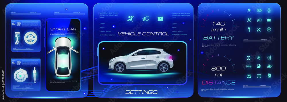 Poster mobile car service application design. car settings management via mobile application. modern smart 