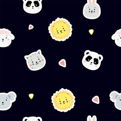 Seamless patterns. Childrens collection. Cute animal stickers - hare and sheep, gray cat and koala, lion and panda on a blue background with hearts. For design, textiles, packaging, wallpaper. Vector