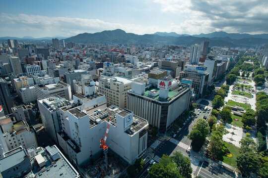 Sapporo, Hokkaido: A panoramic view of Odori Park and the city skyline in early summer.